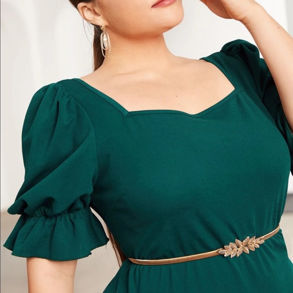Dark green flounce sleeve ruffle hem dress